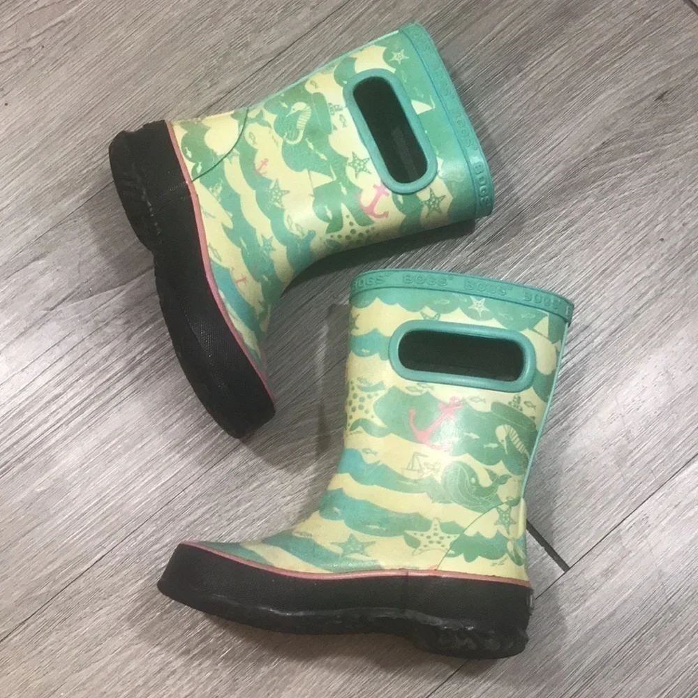 BOGS Ocean Print Pale Yellow & Blue/green Rain Boots size infant‎ 8